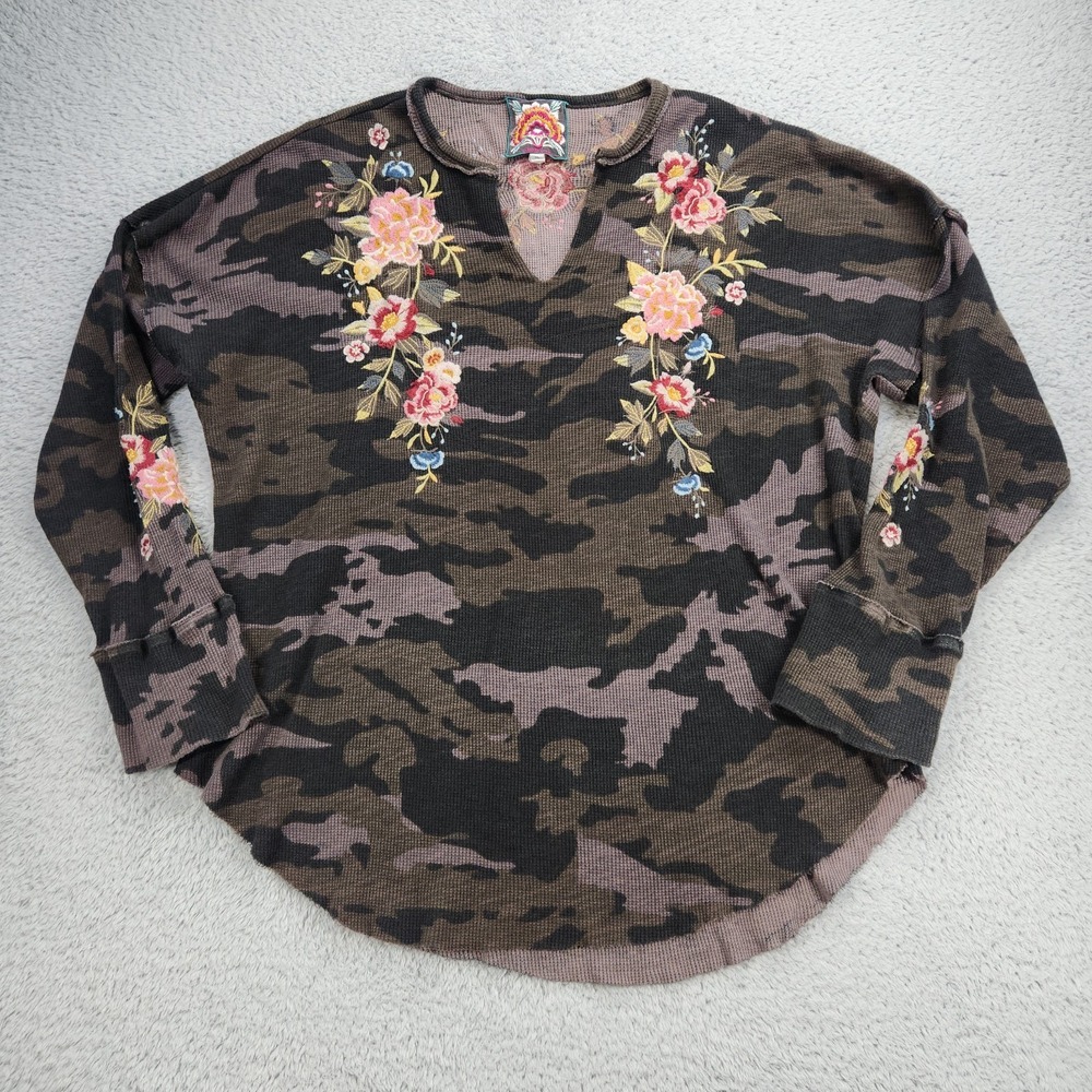 Johnny Was Sz XL Camouflage Embroidered Floral Cotton Long Sleeve Shirt